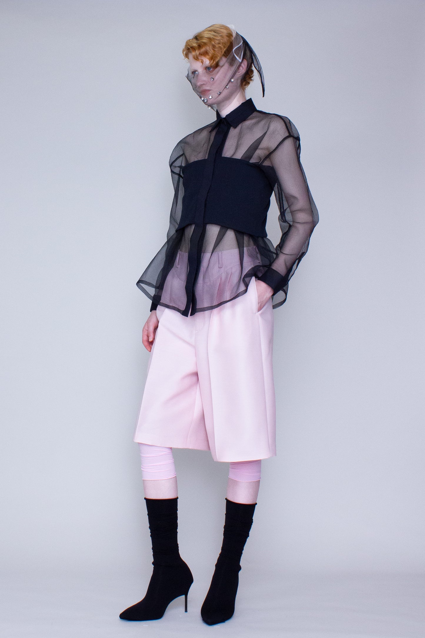 Sheer rib-bandeau blouse